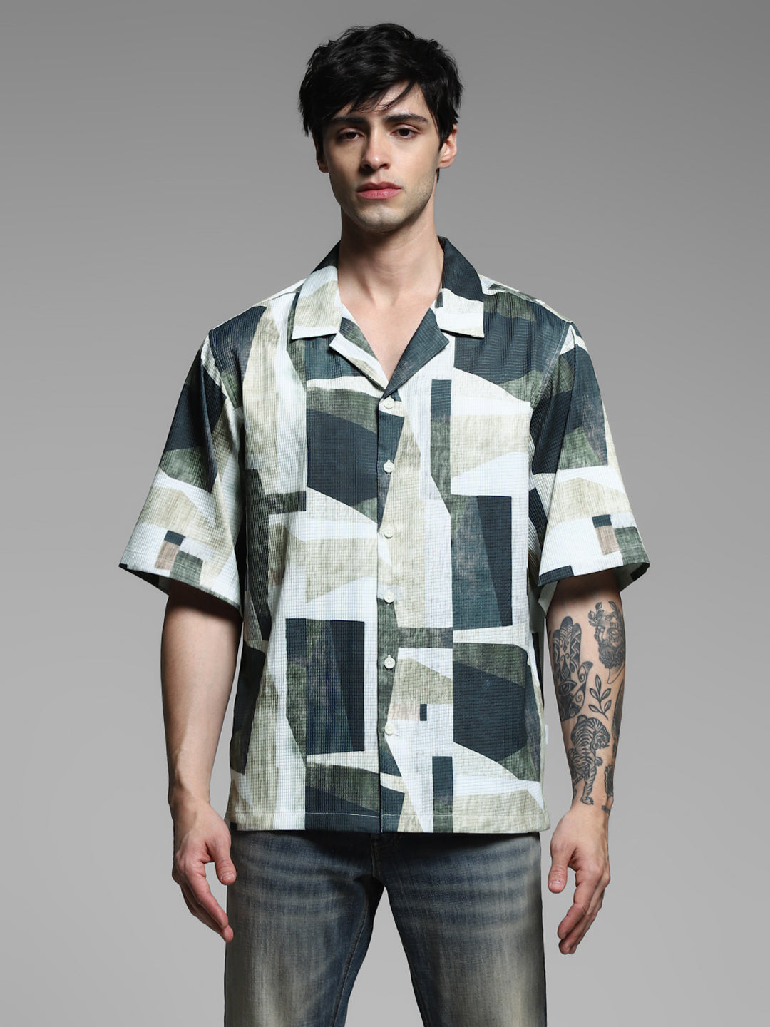 Green Printed Oversized Shirt