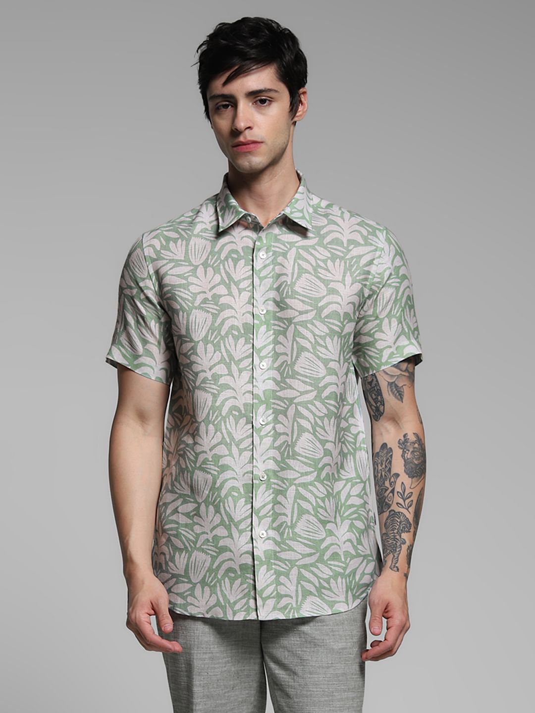Green Printed Short Sleeves Shirt