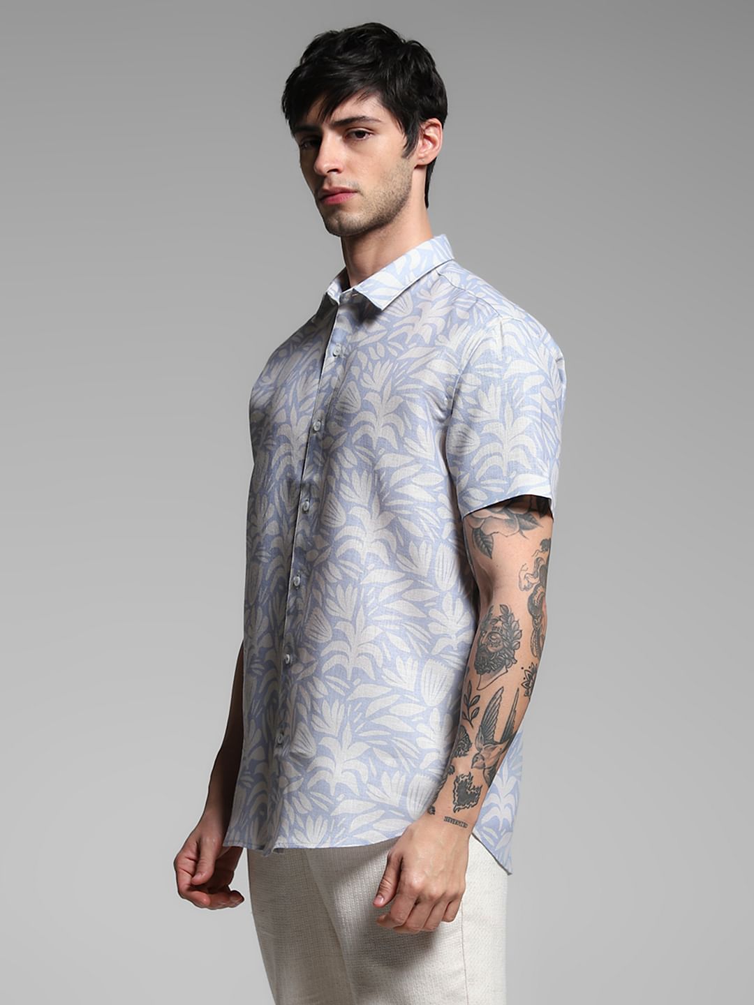 Blue Printed Short Sleeves Shirt