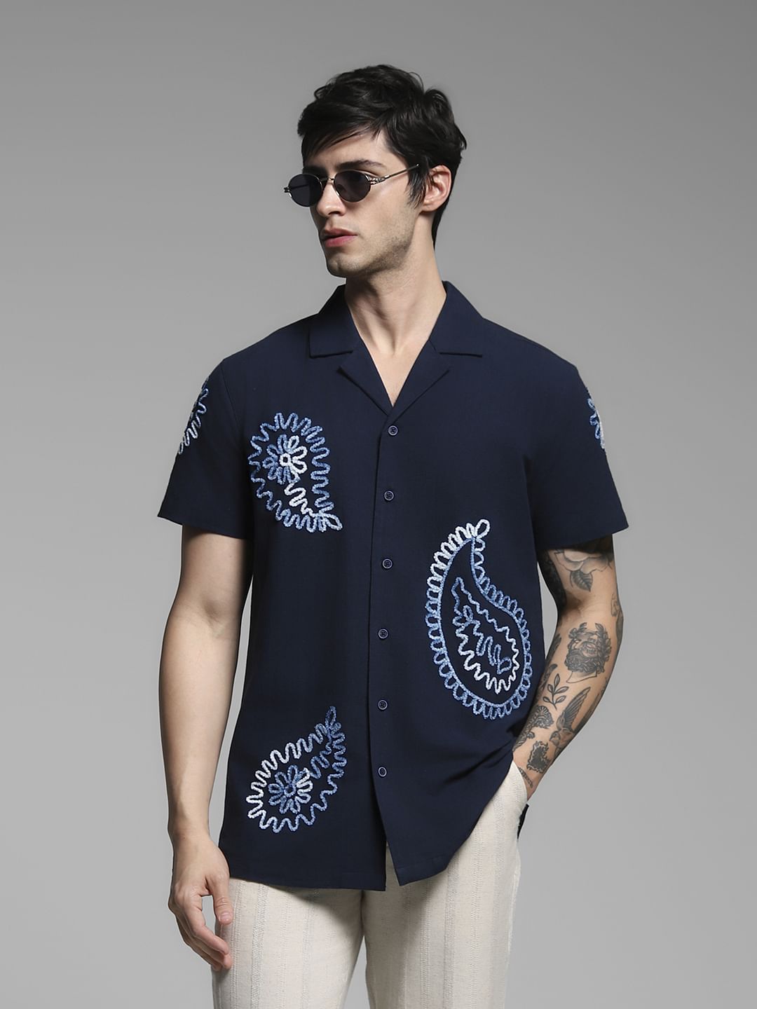 Dark Blue Embroidered Cotton Shirt