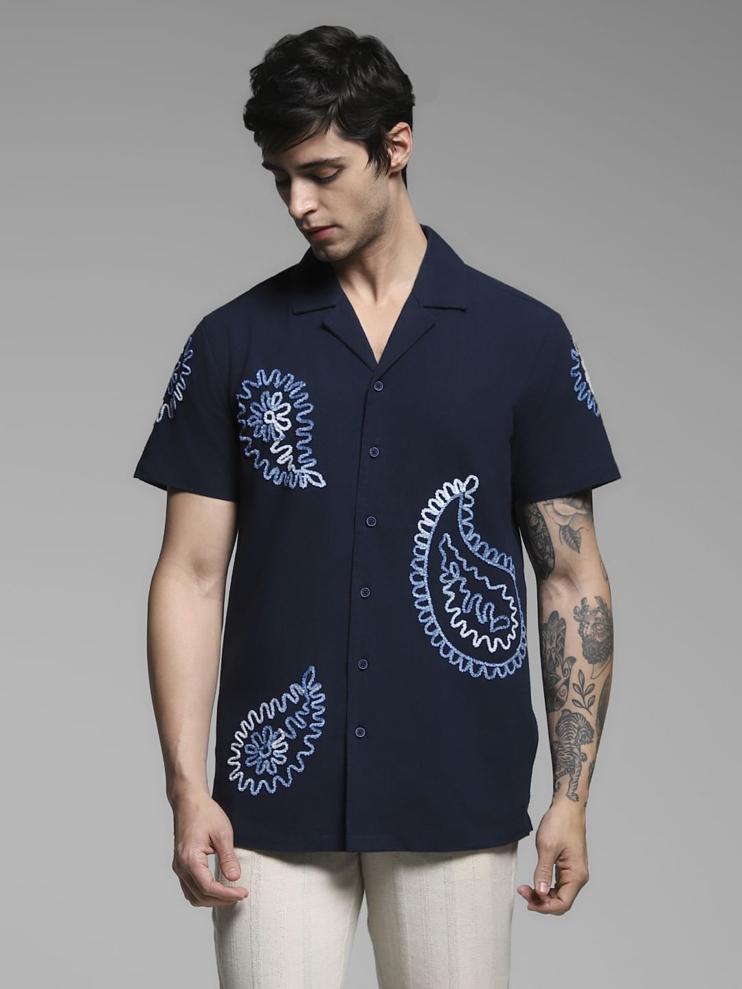 Dark Blue Embroidered Cotton Shirt