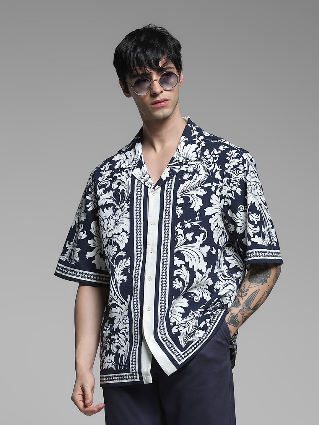 Black Floral Resort Collar Oversized Shirt