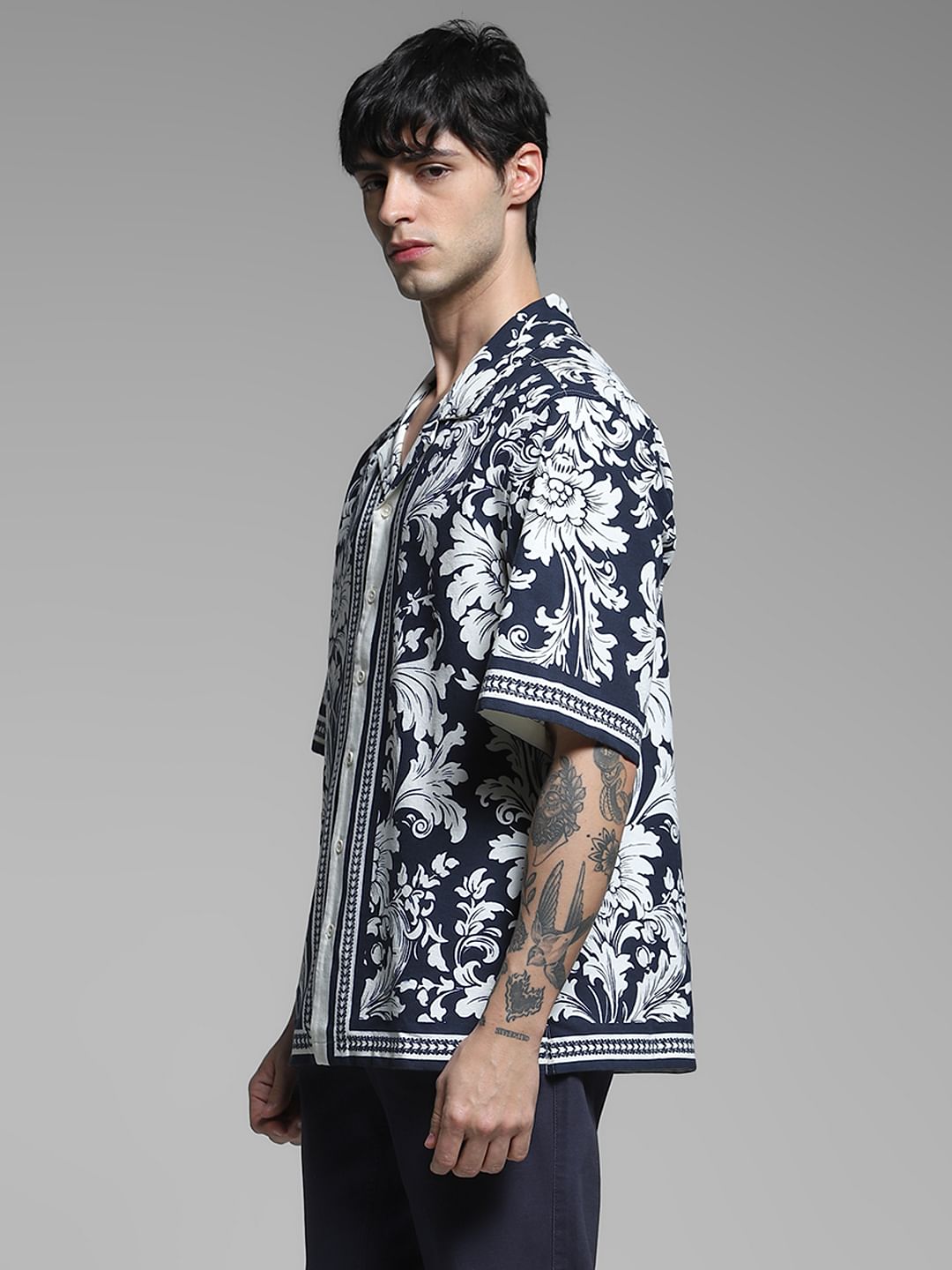 Black Floral Resort Collar Oversized Shirt