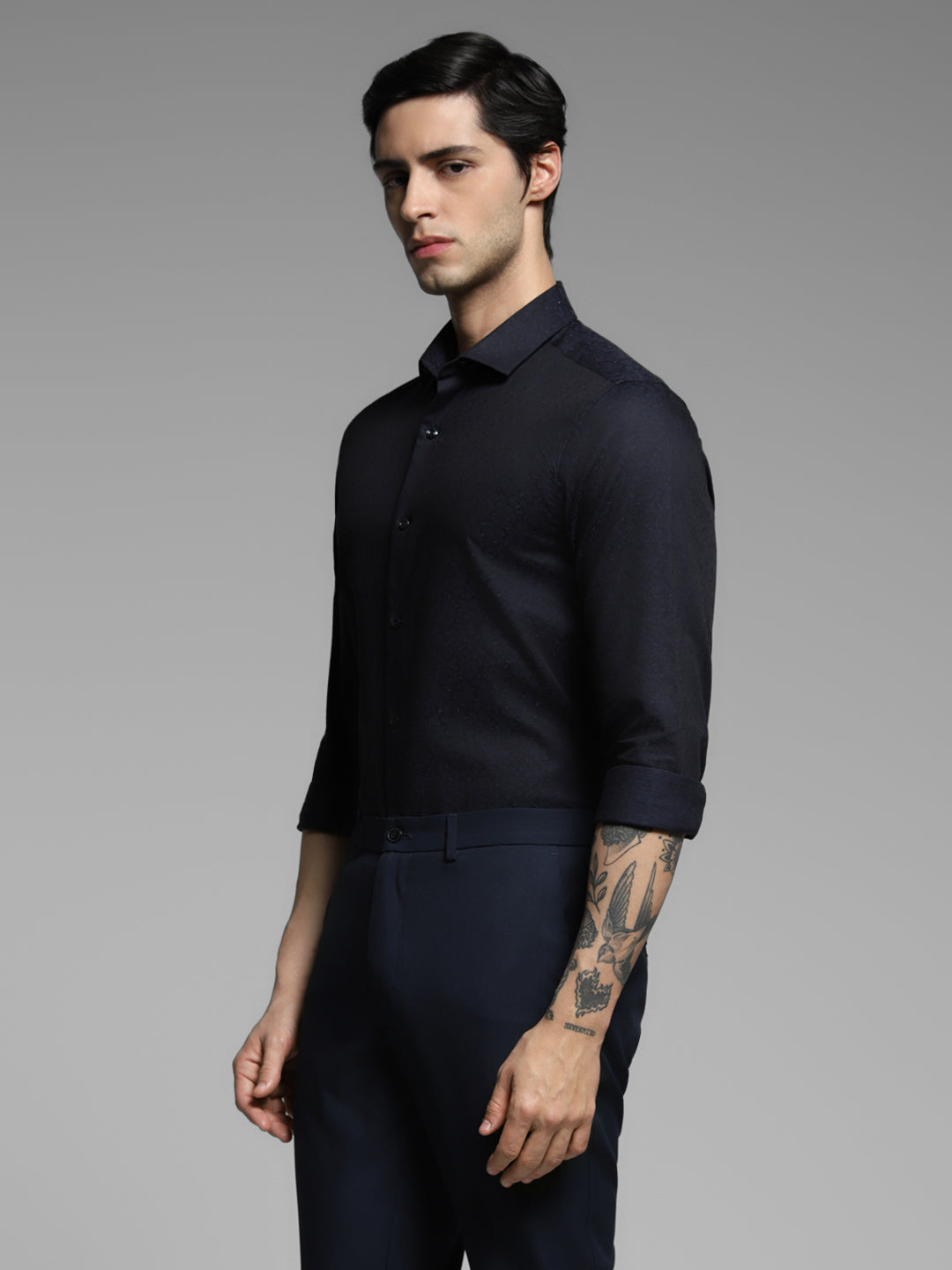 Men's Navy Blue Cotton Dobby Slim Fit Shirt