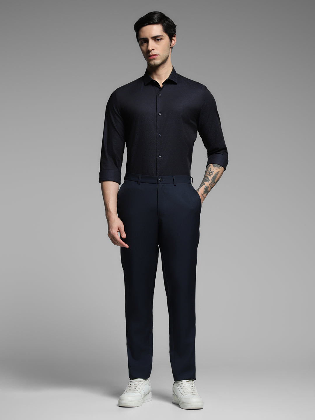 Men's Navy Blue Cotton Dobby Slim Fit Shirt