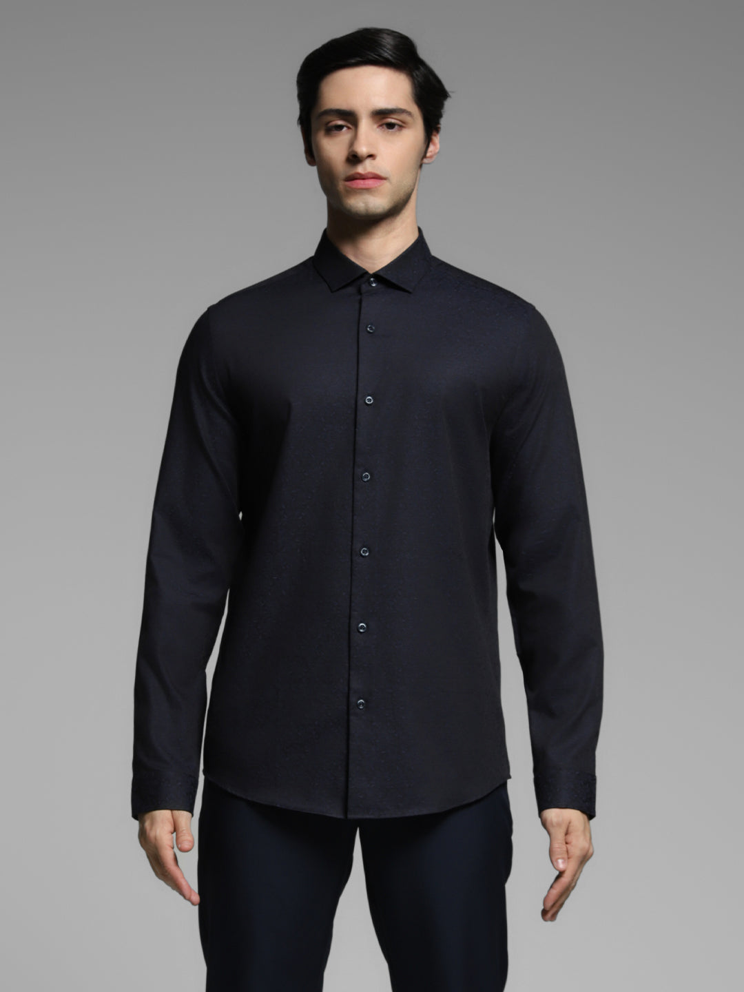 Men's Navy Blue Cotton Dobby Slim Fit Shirt