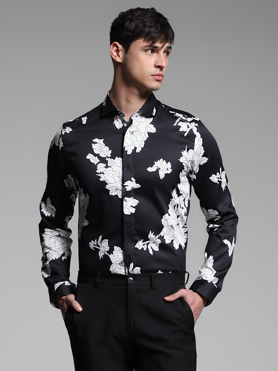Men's Cotton Slim Fit Black Floral Print Shirt
