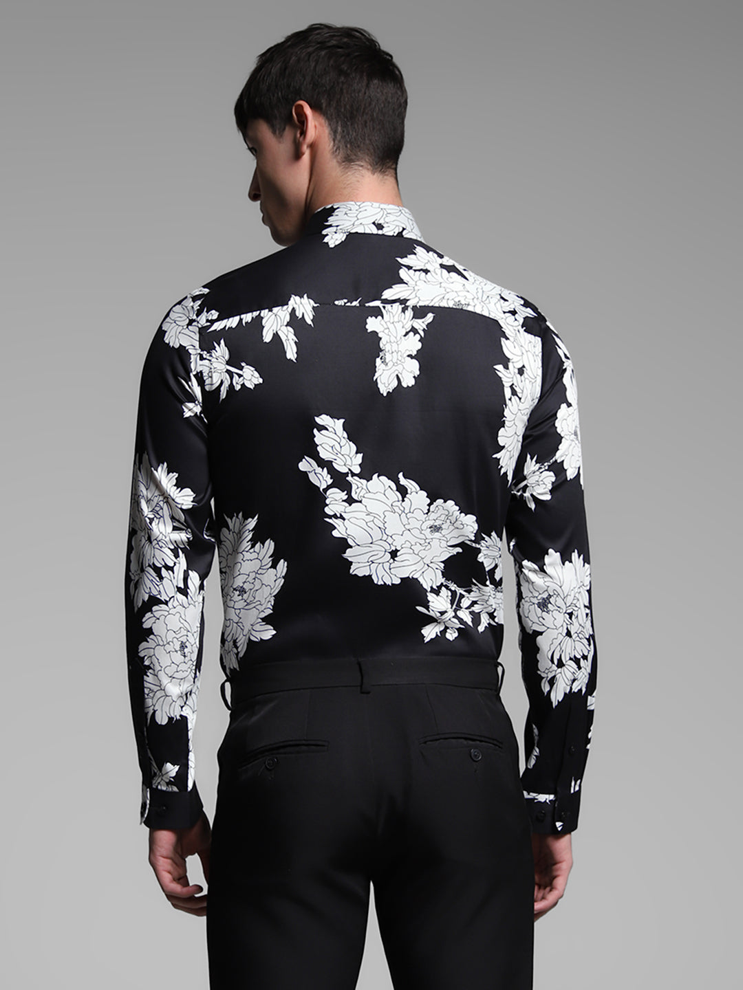 Men's Cotton Slim Fit Black Floral Print Shirt