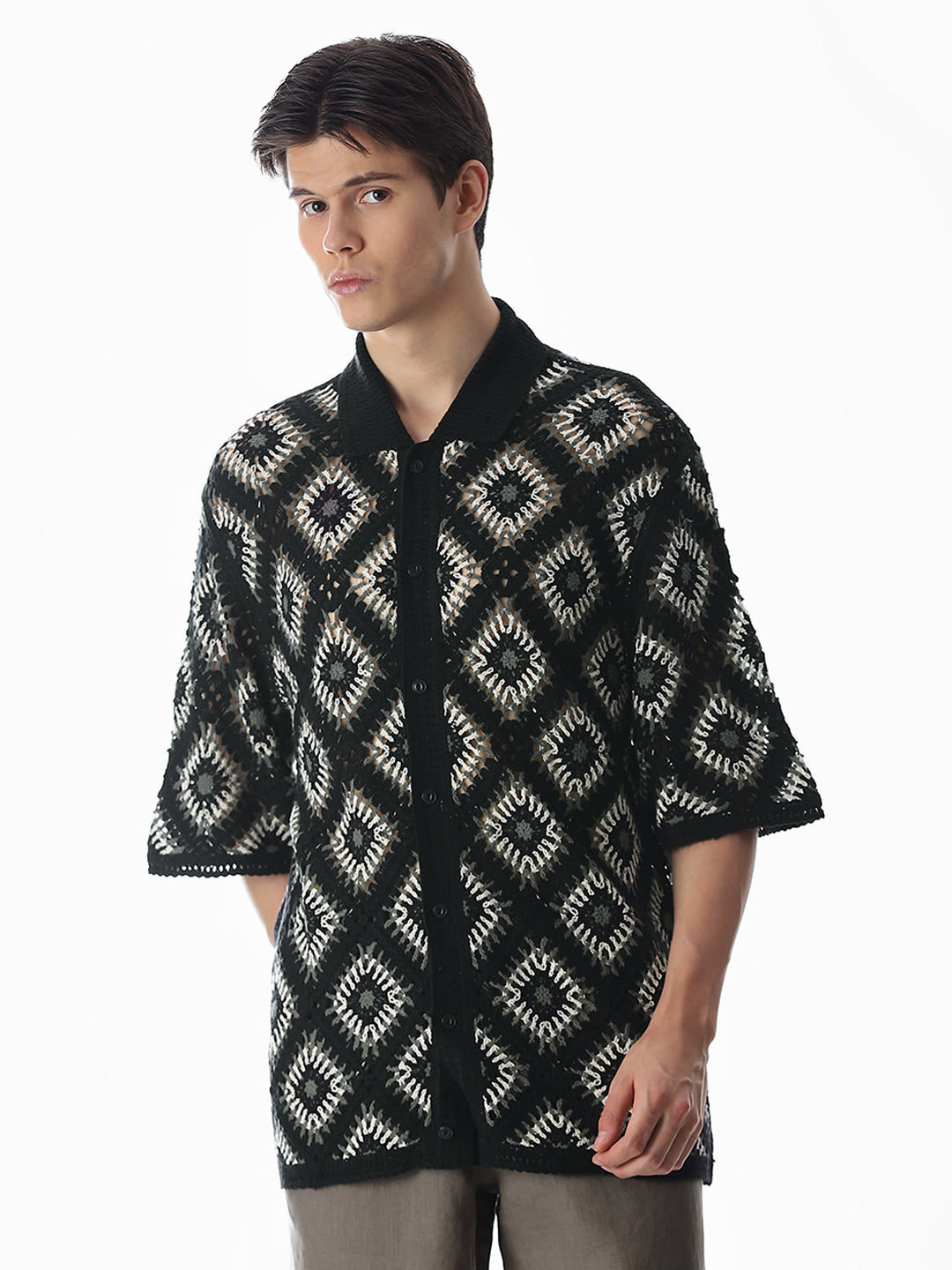 Black Knitted Crochet Oversized Shirt
