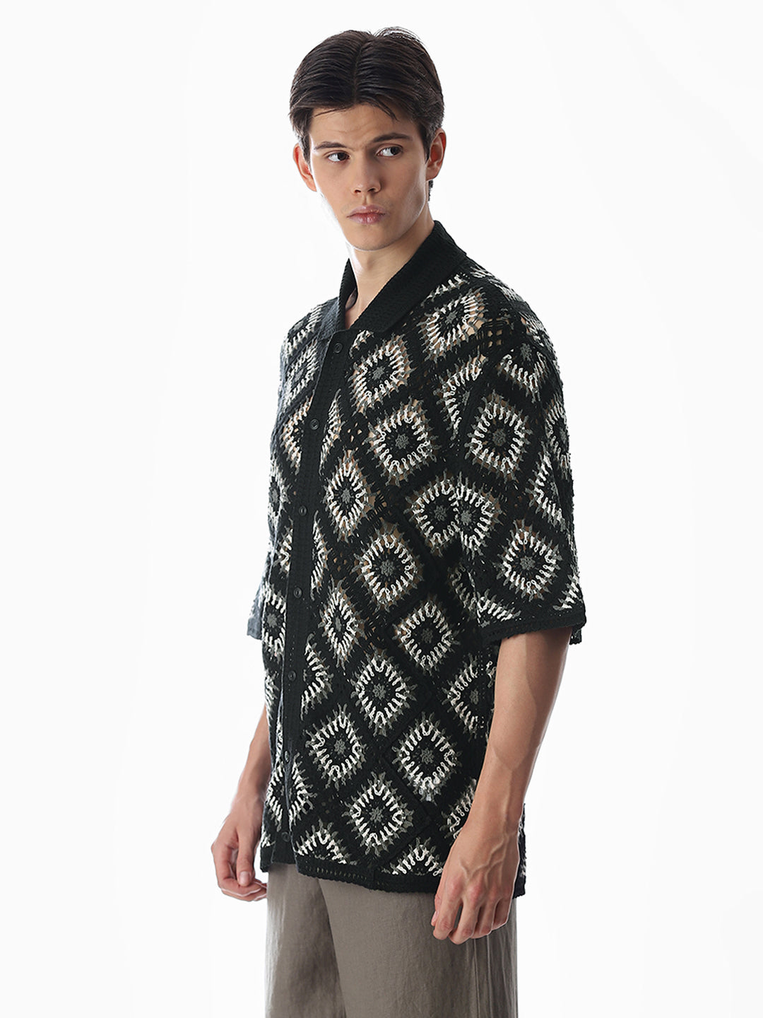 Black Knitted Crochet Oversized Shirt