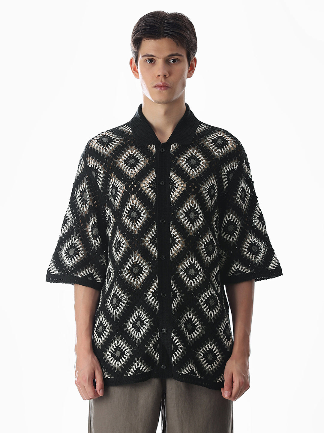 Black Knitted Crochet Oversized Shirt