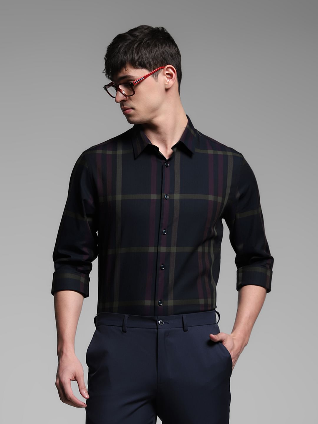 Dark Blue Check Print Cotton Shirt