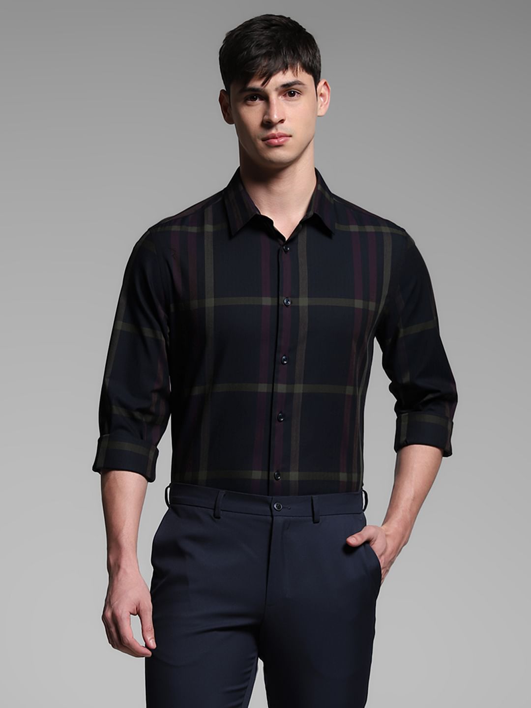 Dark Blue Check Print Cotton Shirt