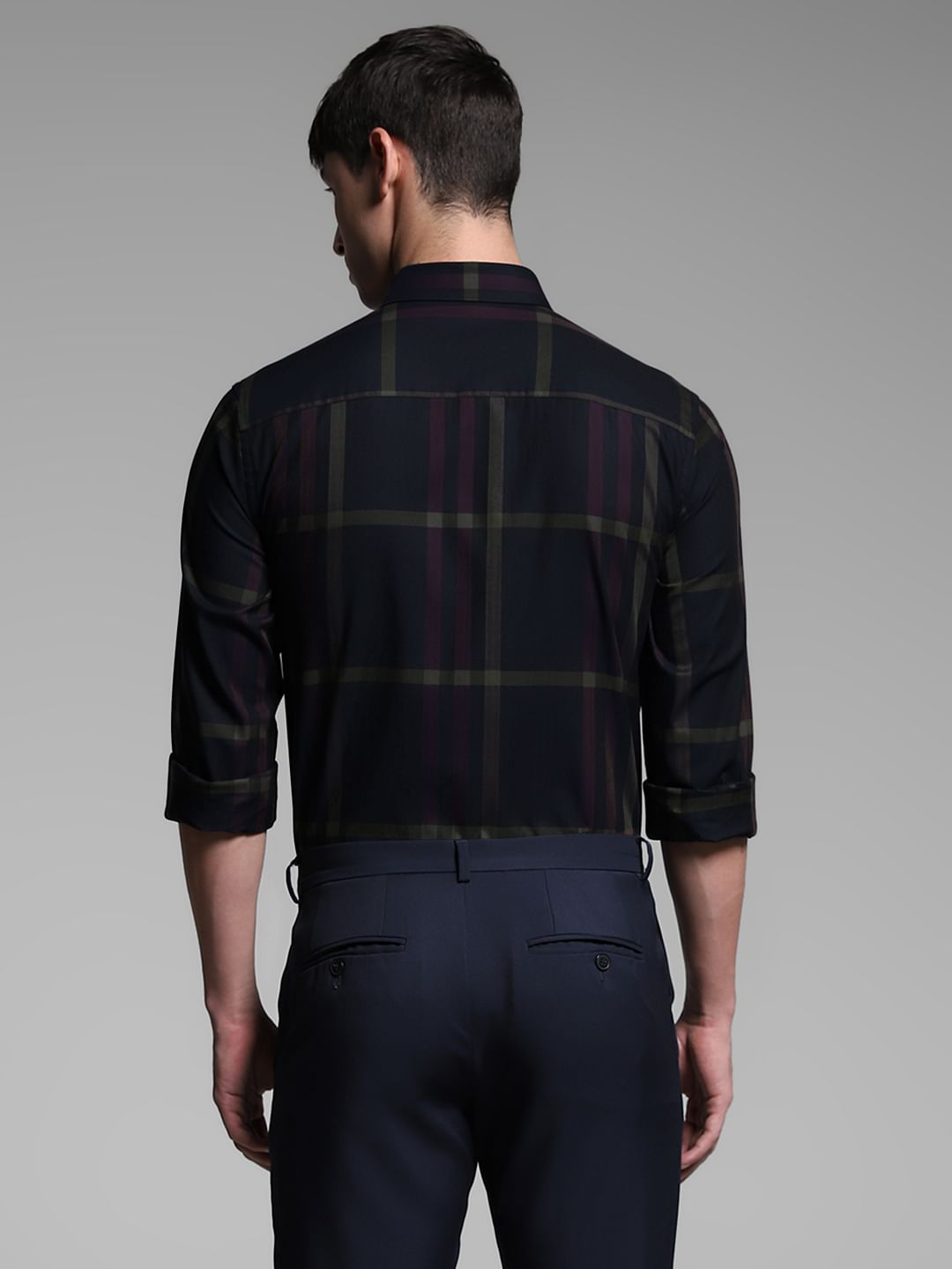 Dark Blue Check Print Cotton Shirt