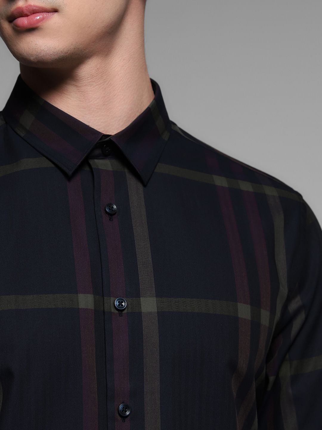 Dark Blue Check Print Cotton Shirt
