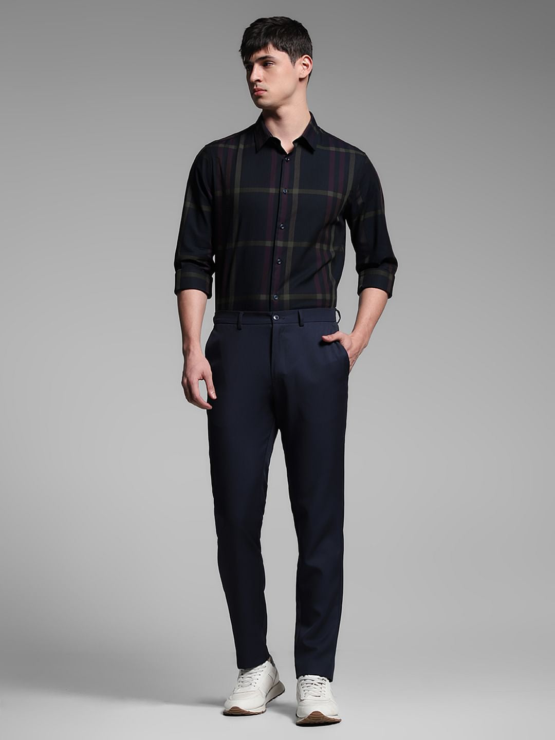 Dark Blue Check Print Cotton Shirt