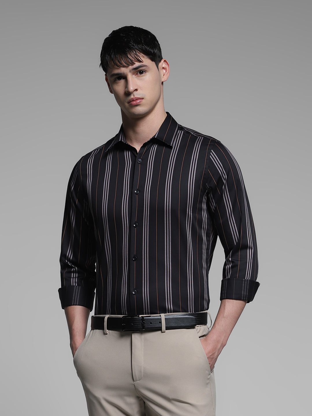 Men's Black Cotton Striped Slim Fit Shirt