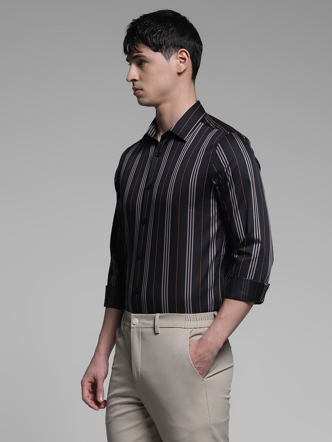 Men's Black Cotton Striped Slim Fit Shirt