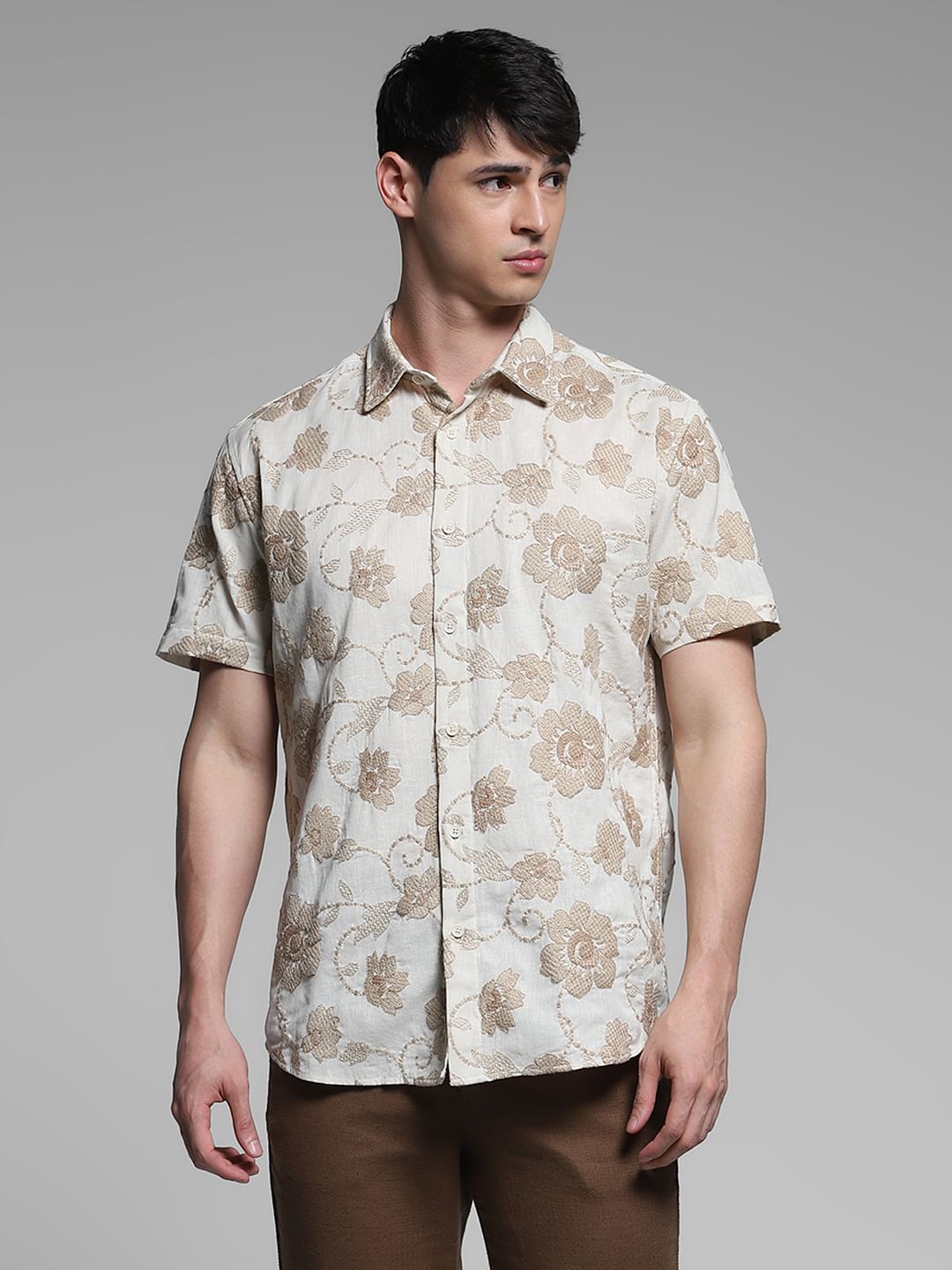 Brown Embroidered Cotton Shirt