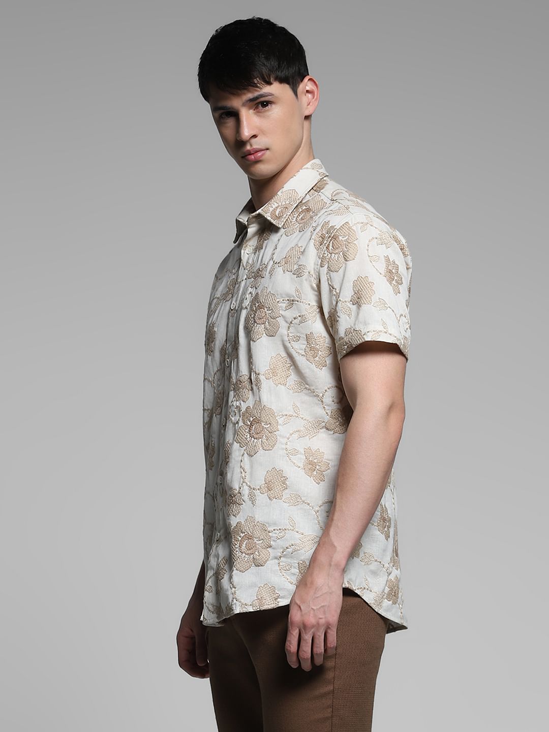 Brown Embroidered Cotton Shirt
