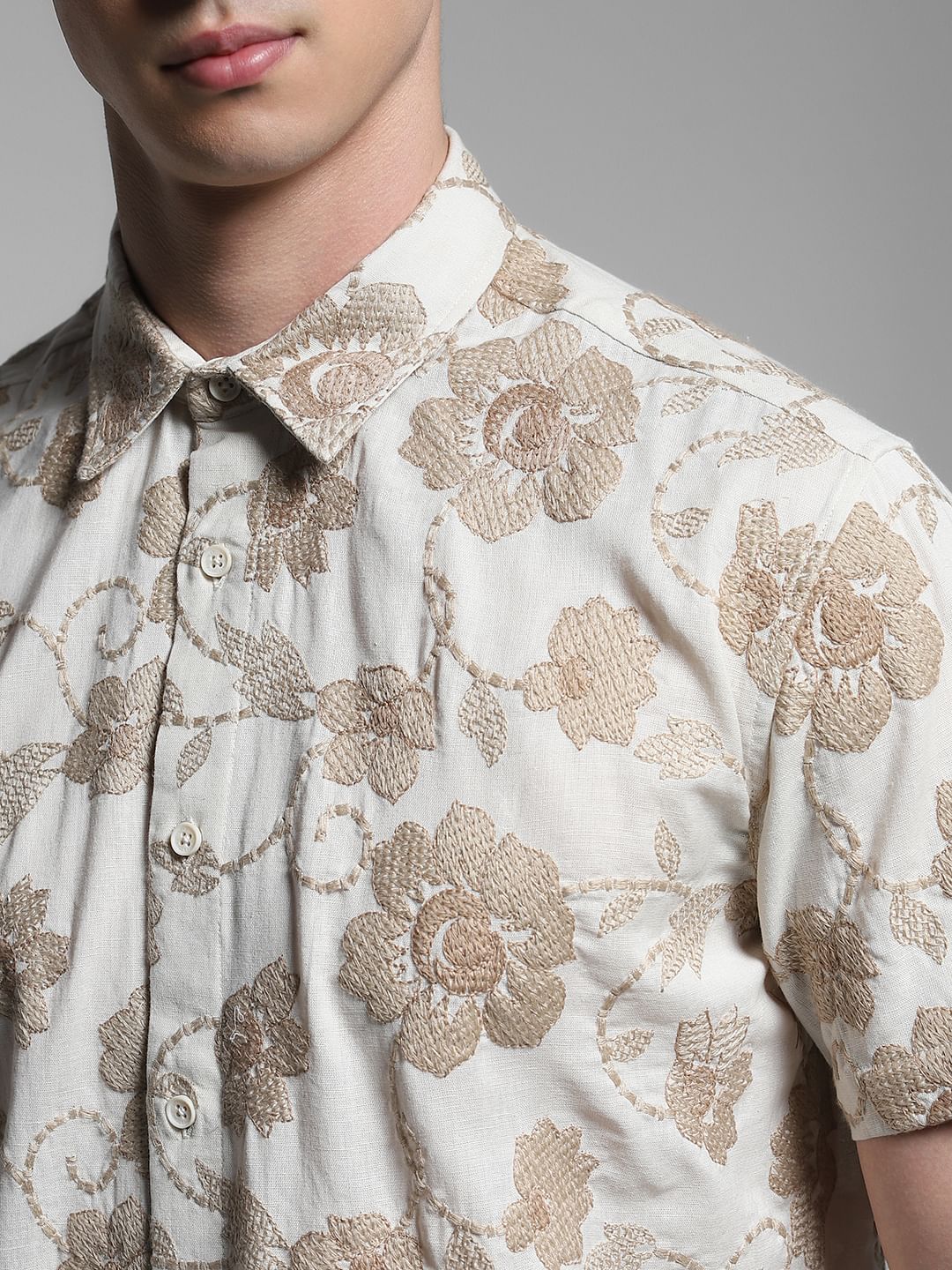 Brown Embroidered Cotton Shirt