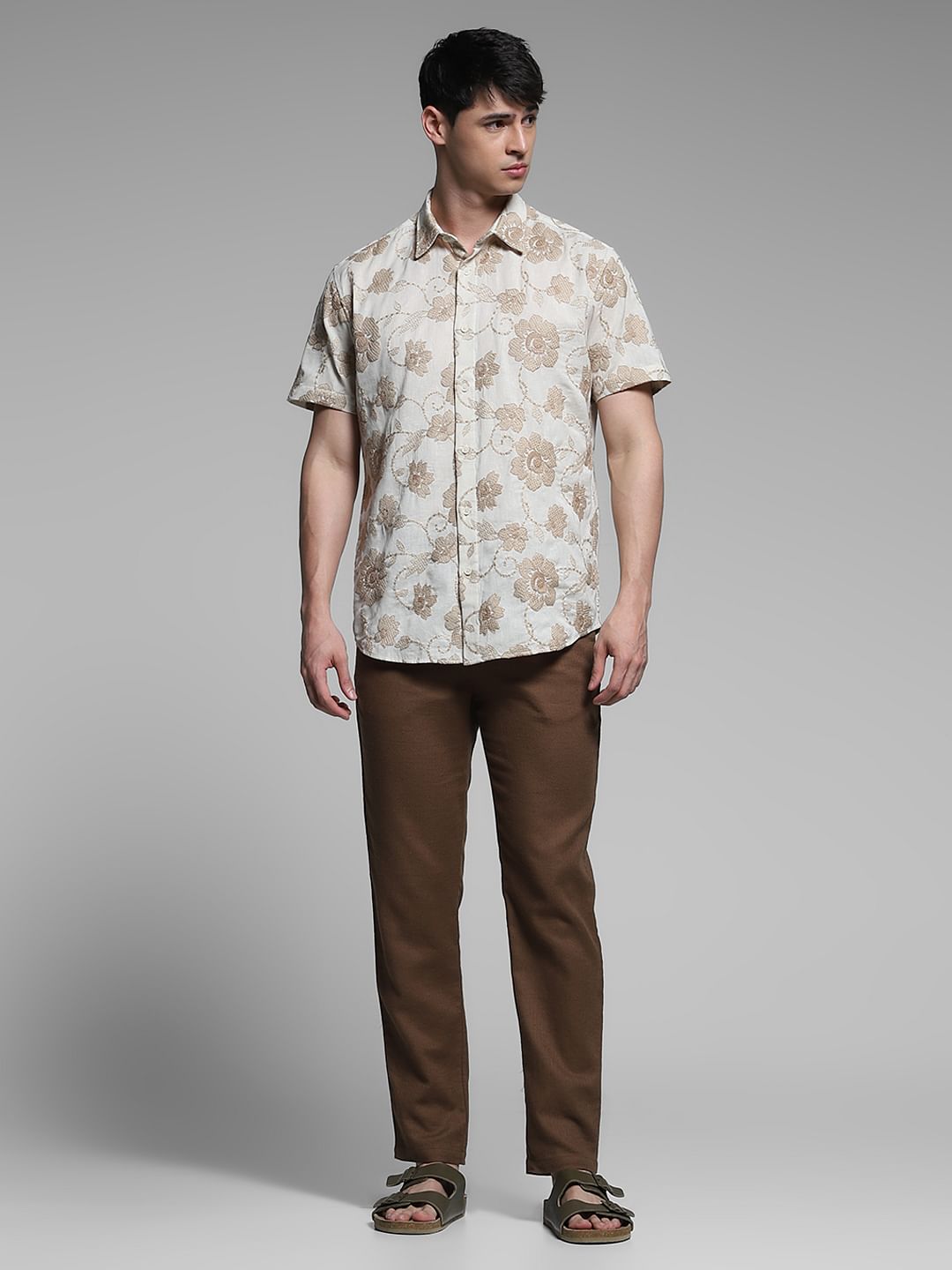 Brown Embroidered Cotton Shirt