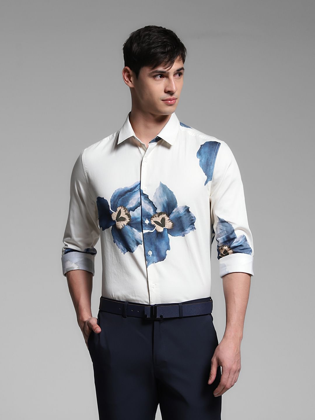 Blue Floral Cotton Full Sleeves Shirt