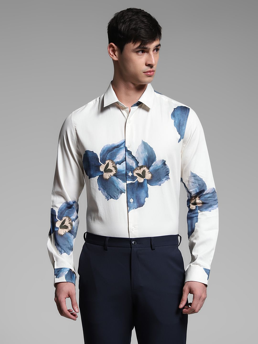 Blue Floral Cotton Full Sleeves Shirt