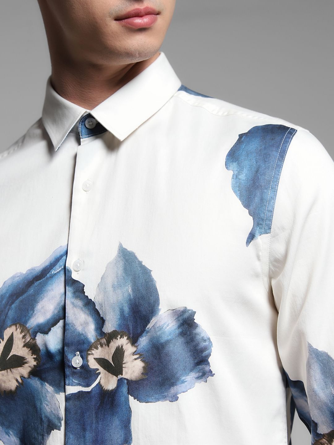 Blue Floral Cotton Full Sleeves Shirt
