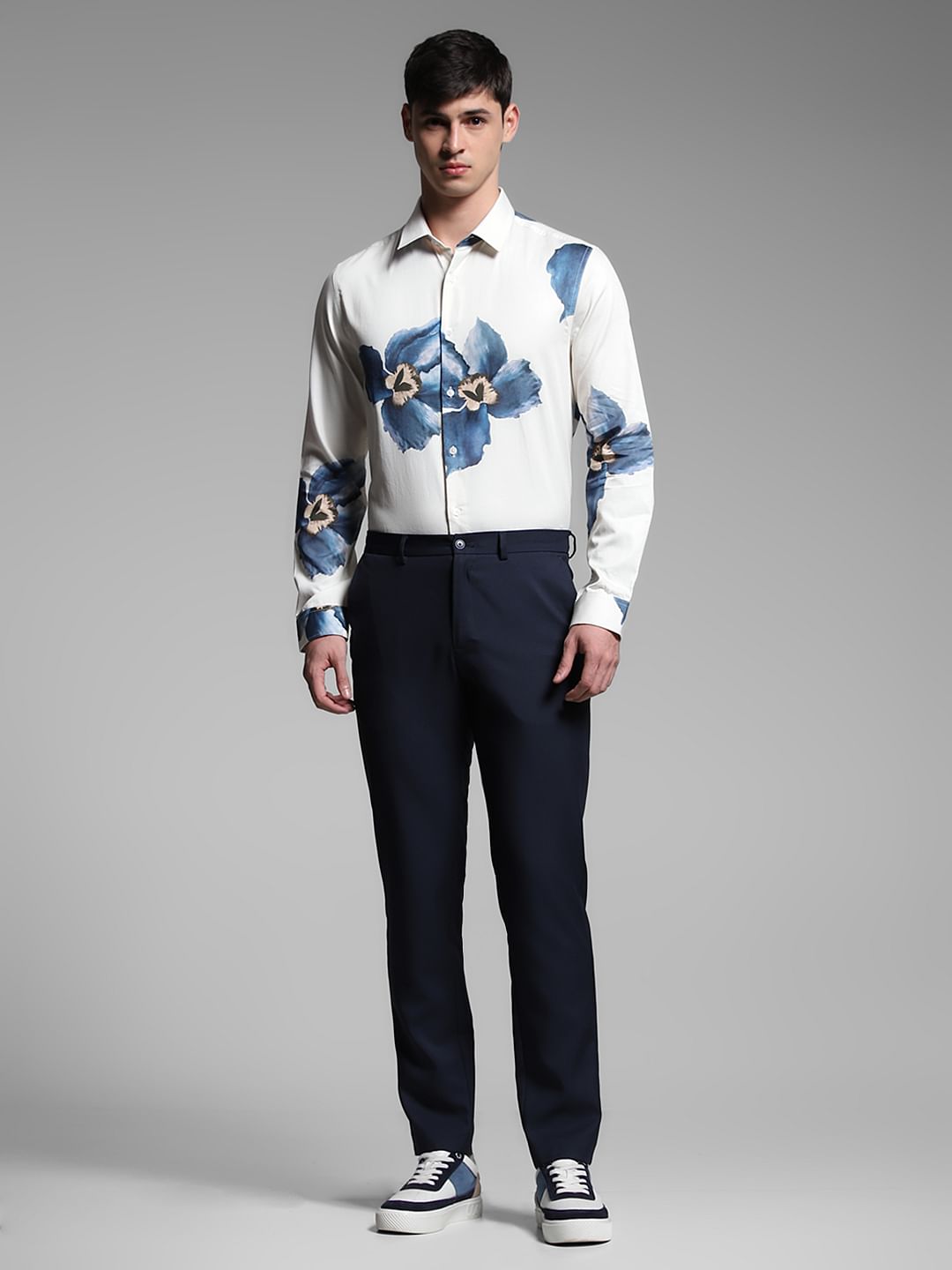 Blue Floral Cotton Full Sleeves Shirt