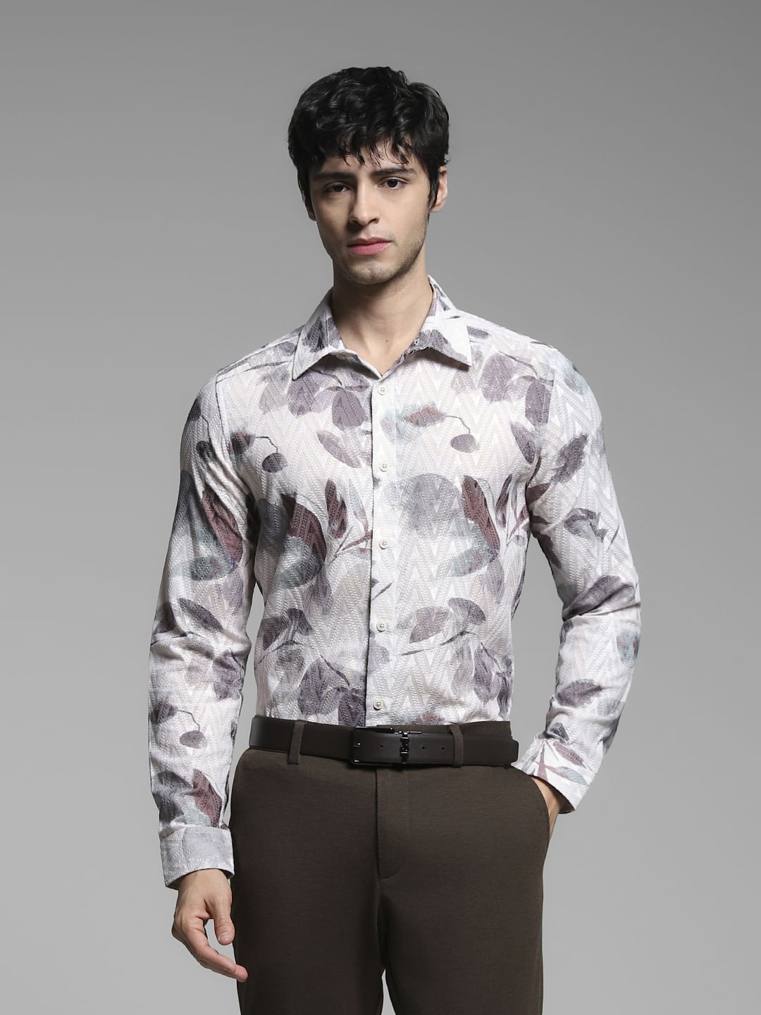 Light Beige Printed Full Sleeves Shirt
