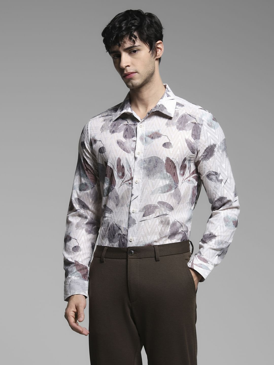 Light Beige Printed Full Sleeves Shirt