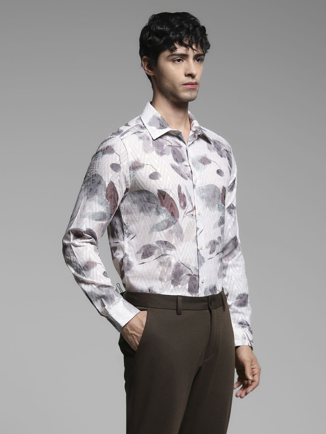 Light Beige Printed Full Sleeves Shirt