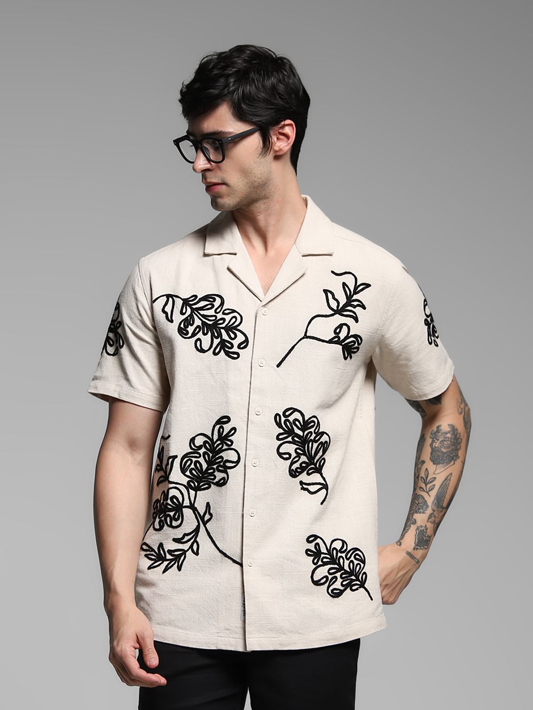 Beige Embroidered Cotton Shirt