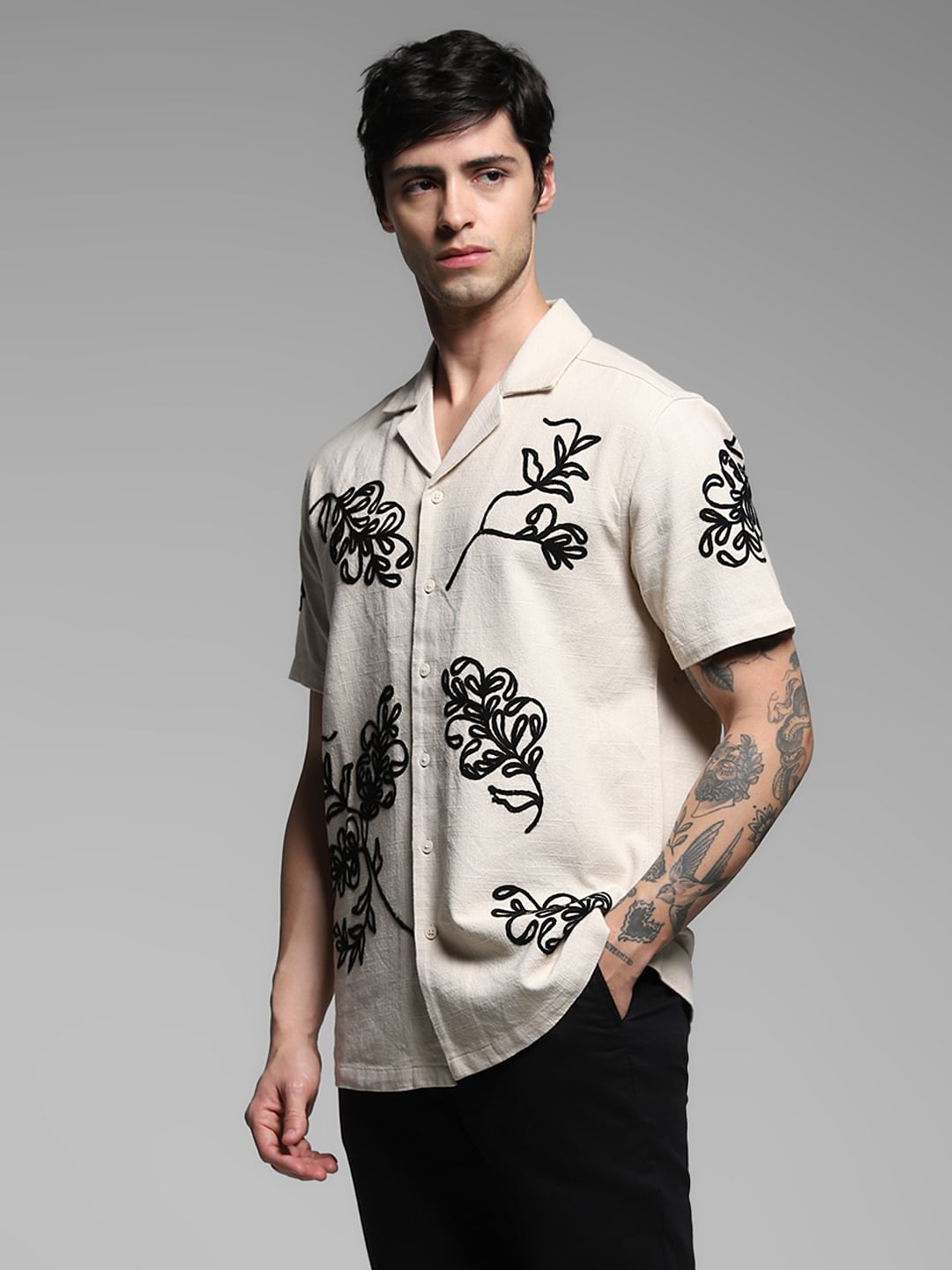 Beige Embroidered Cotton Shirt