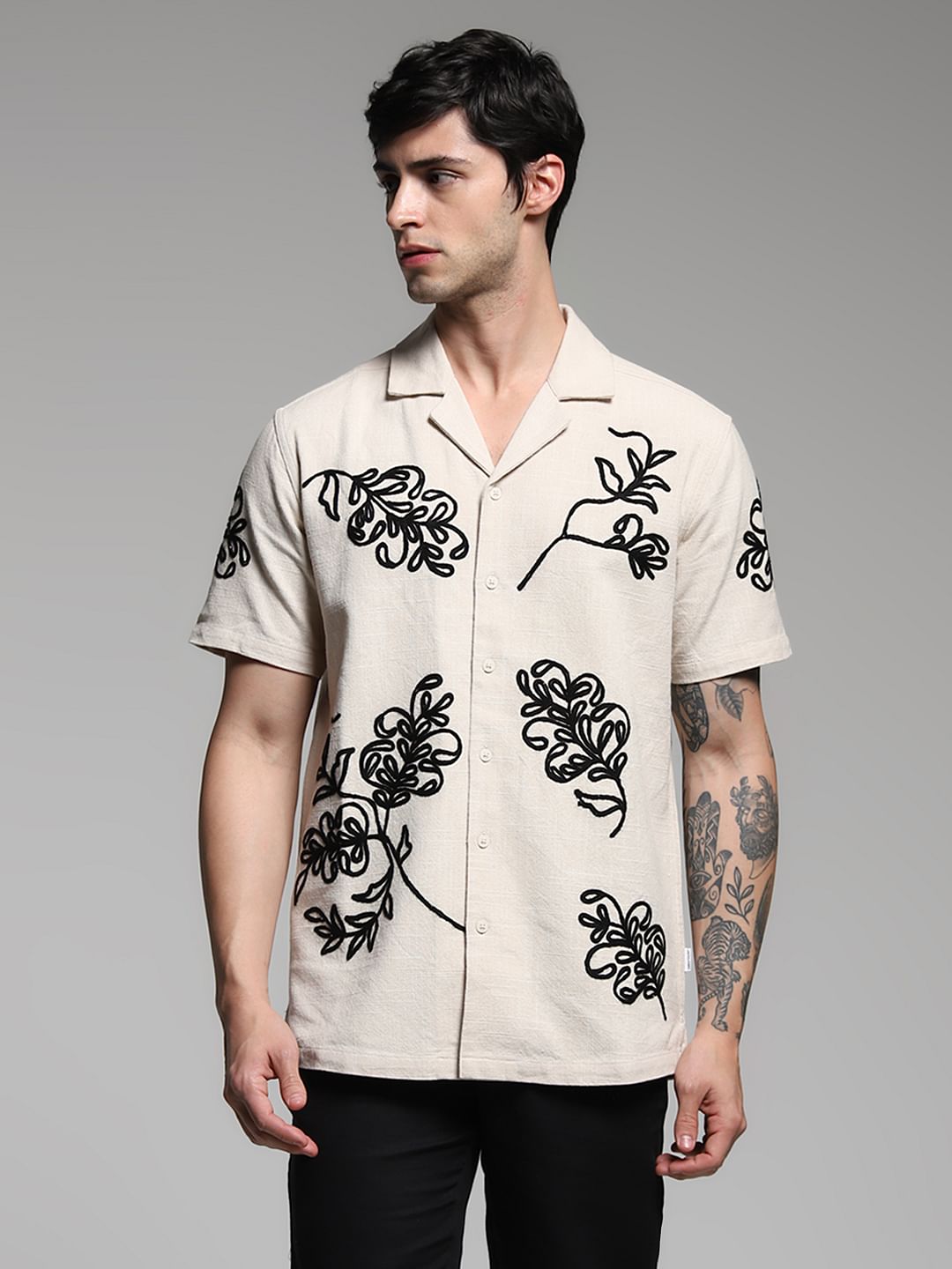 Beige Embroidered Cotton Shirt