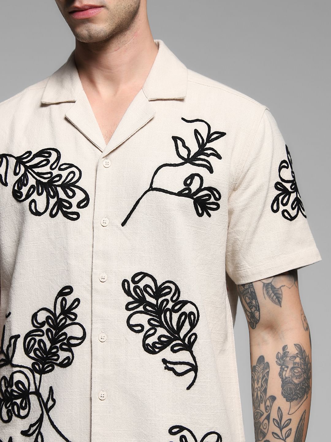 Beige Embroidered Cotton Shirt