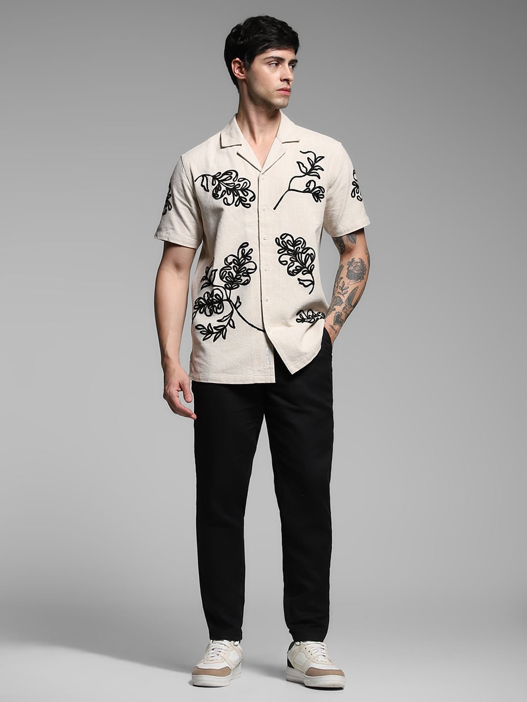 Beige Embroidered Cotton Shirt
