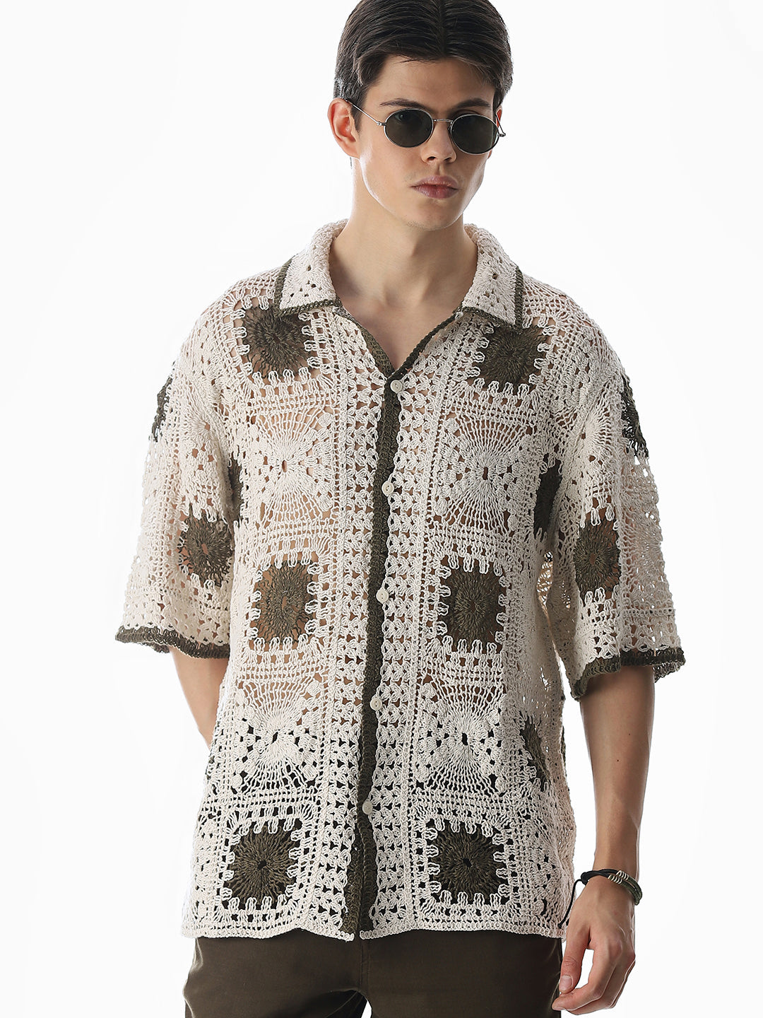 Beige Crochet Knitted Oversized Shirt