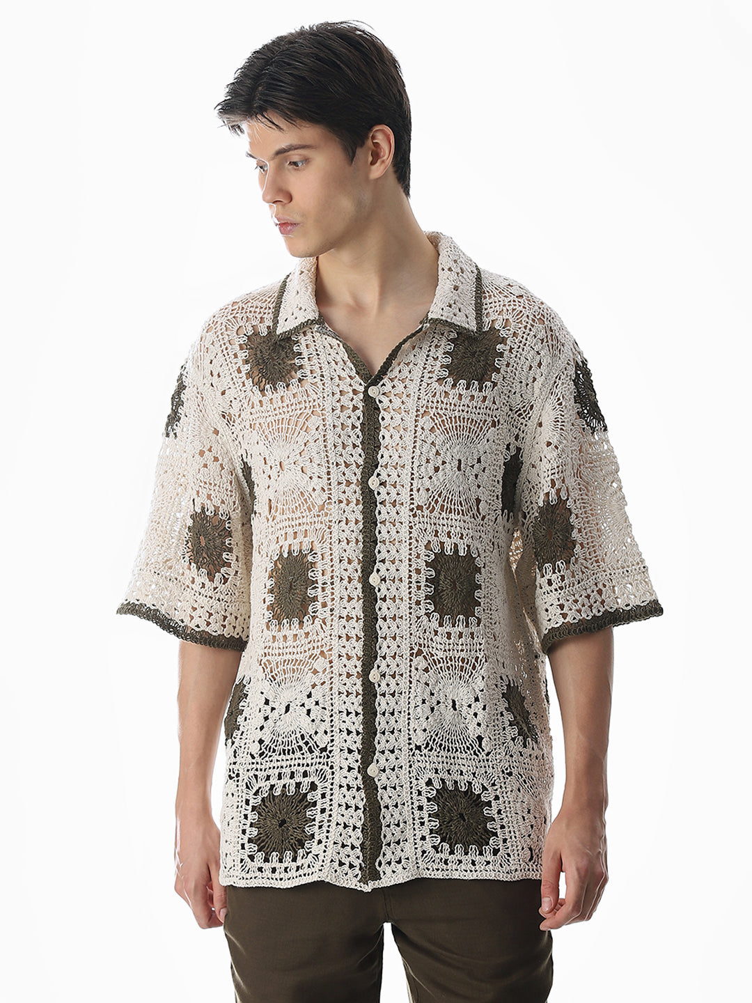 Beige Crochet Knitted Oversized Shirt