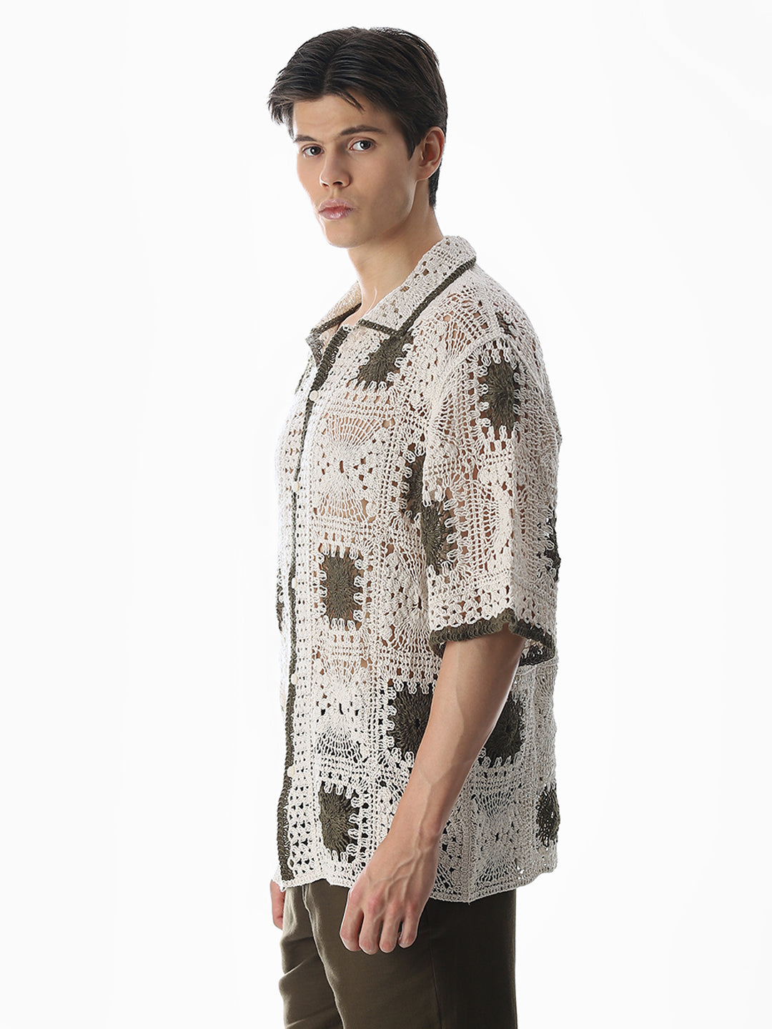 Beige Crochet Knitted Oversized Shirt