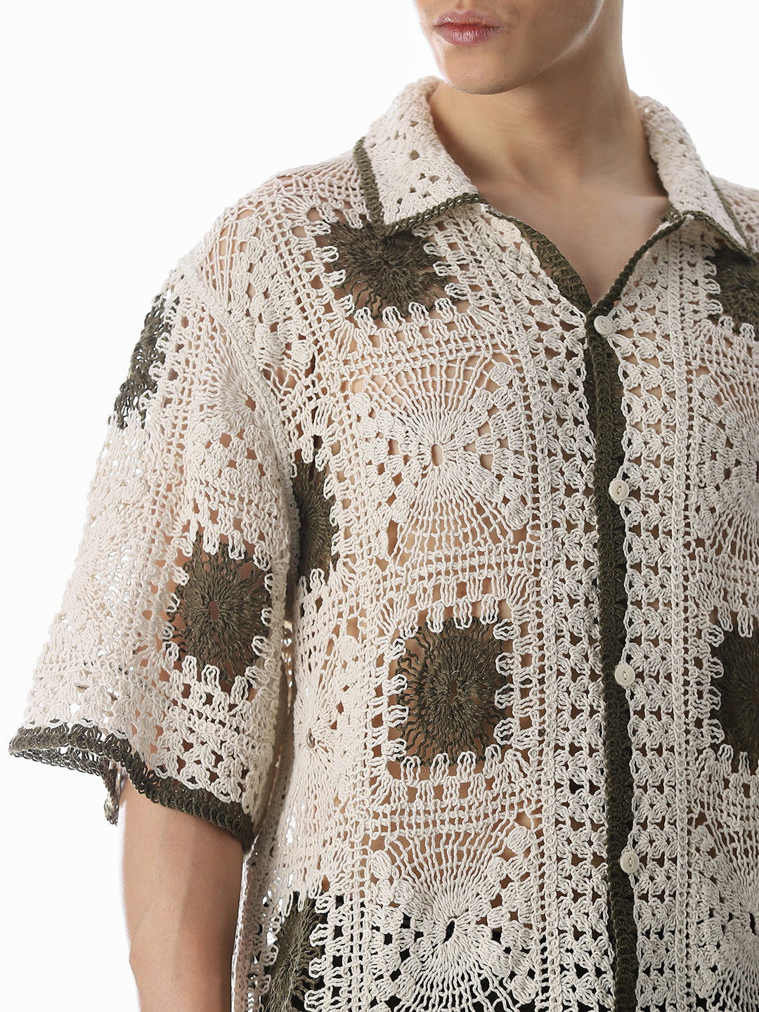 Beige Crochet Knitted Oversized Shirt