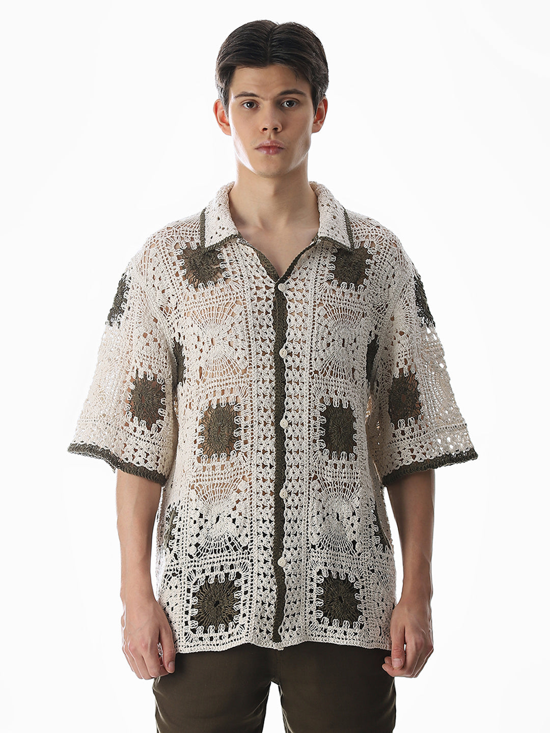 Beige Crochet Knitted Oversized Shirt