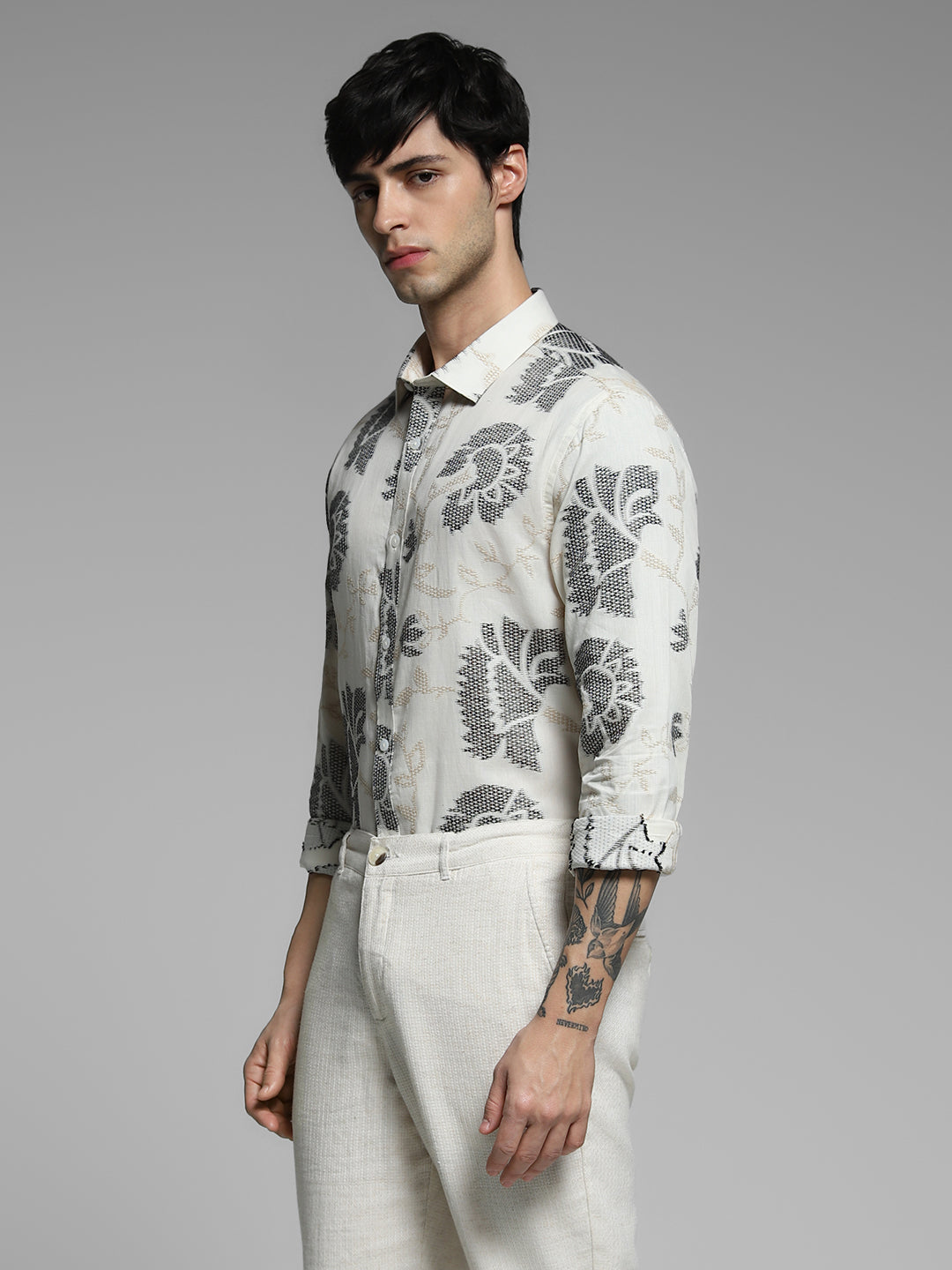 Men Off White Cotton Jacquard Geometric Slim Fit Shirt