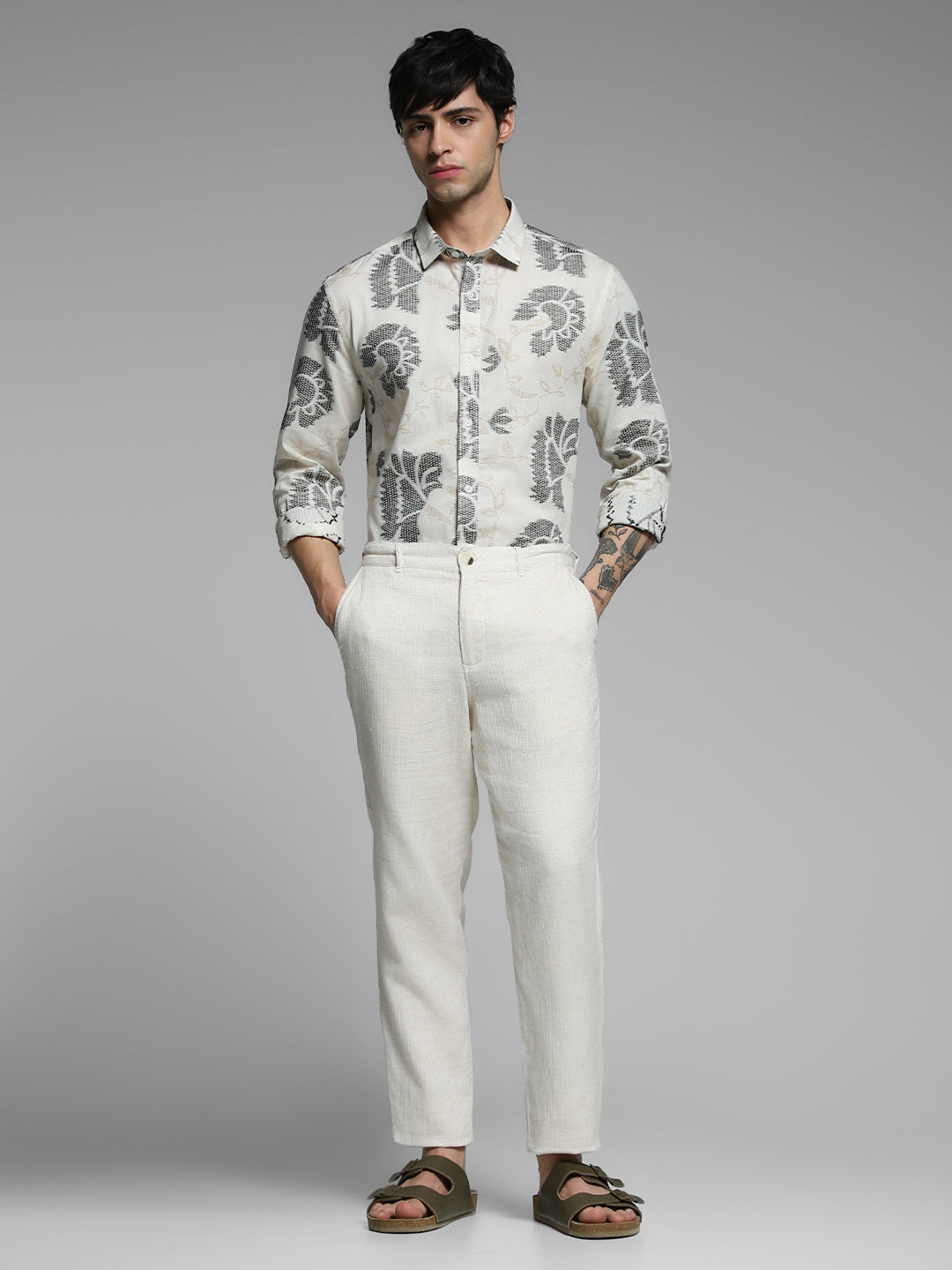 Men Off White Cotton Jacquard Geometric Slim Fit Shirt