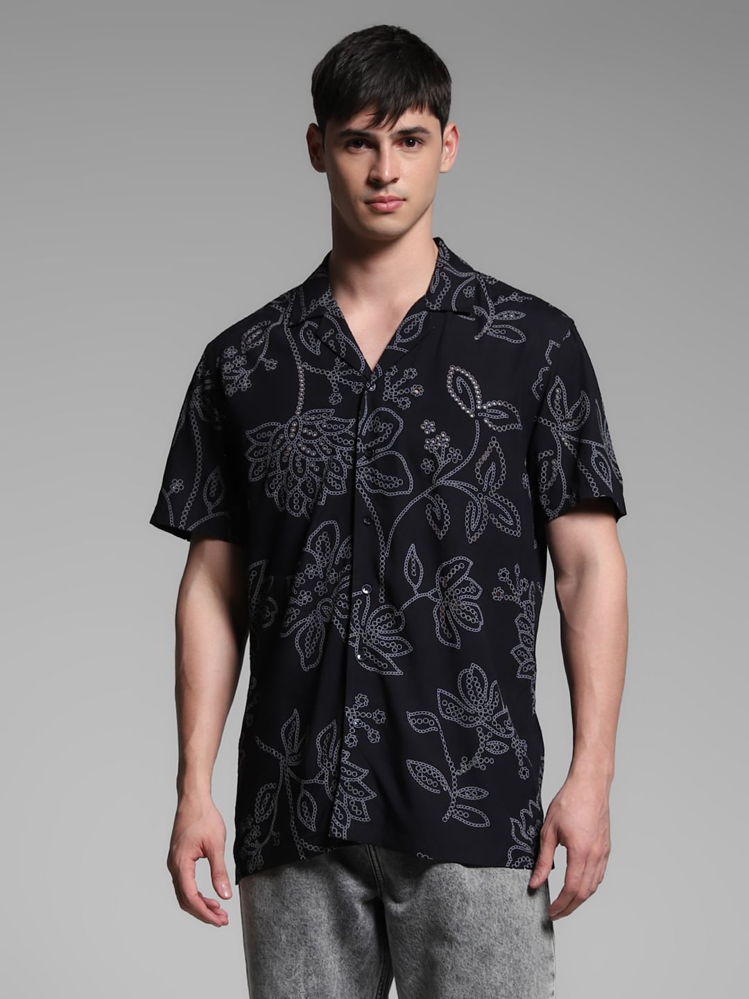 Black Printed Viscose Comfort Fit Shirt