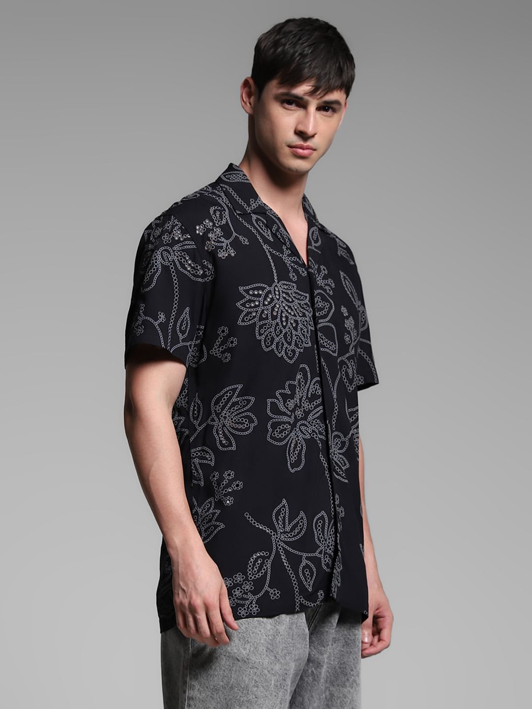 Black Printed Viscose Comfort Fit Shirt