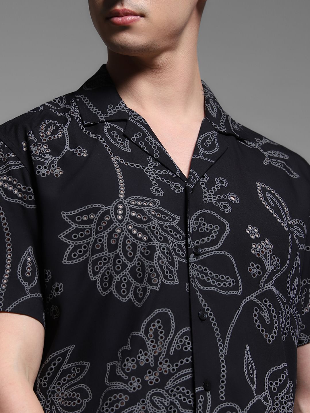 Black Printed Viscose Comfort Fit Shirt