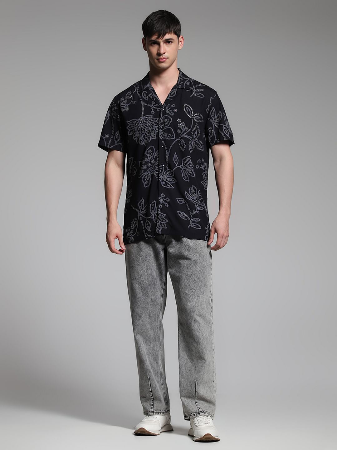 Black Printed Viscose Comfort Fit Shirt