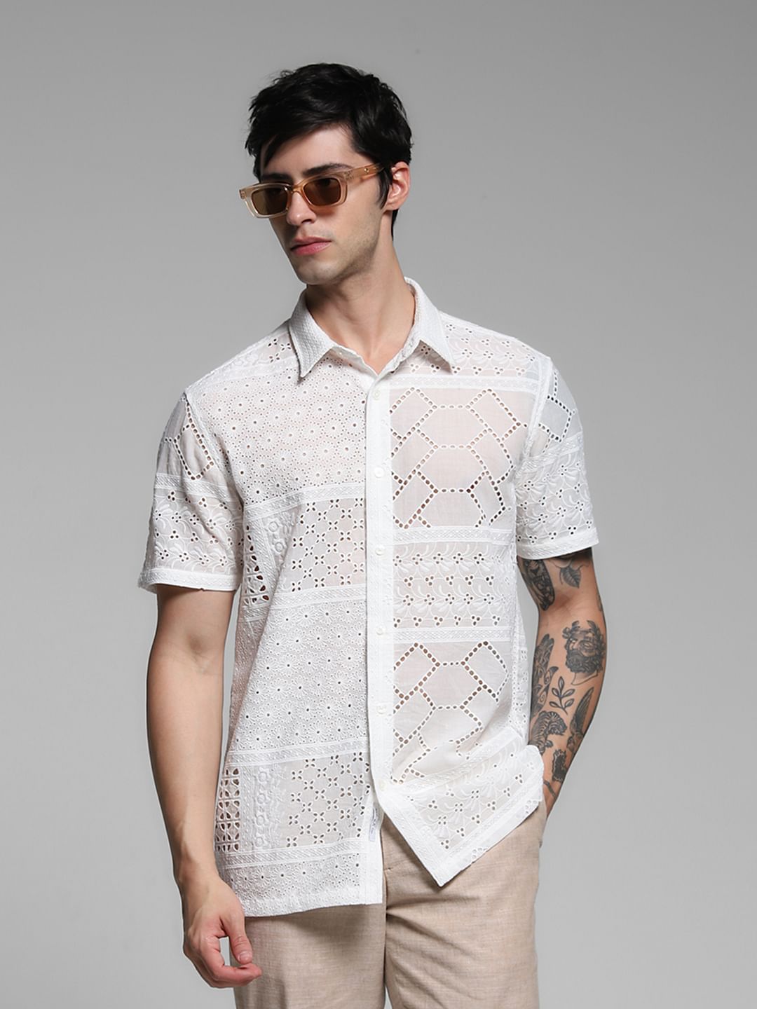 White Schiffli Embroidered Shirt
